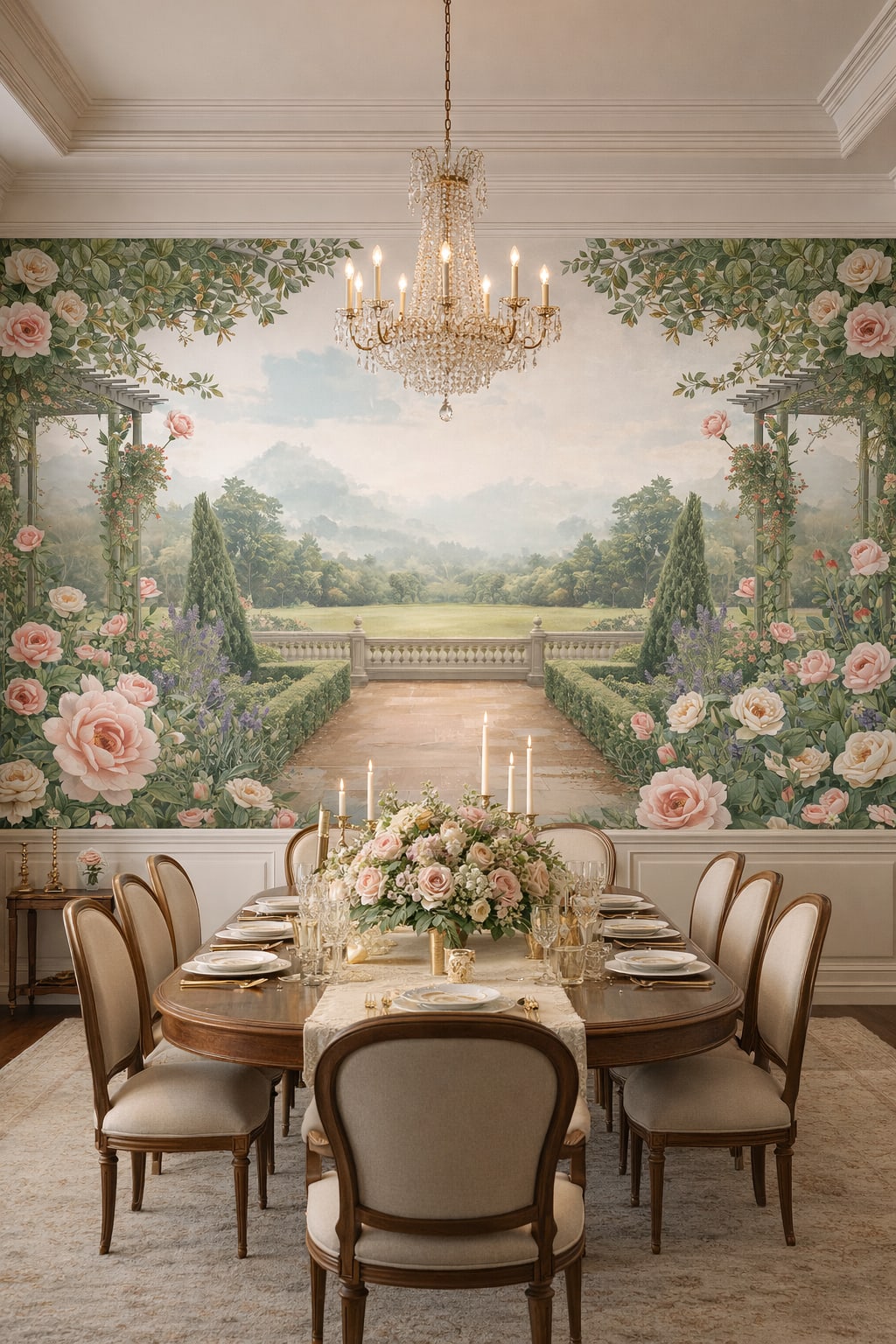 Parisian white-gold roses featuring pergola - Wall Mural Peel and Stick Wallpaper for Parisian Formal Dining Room.