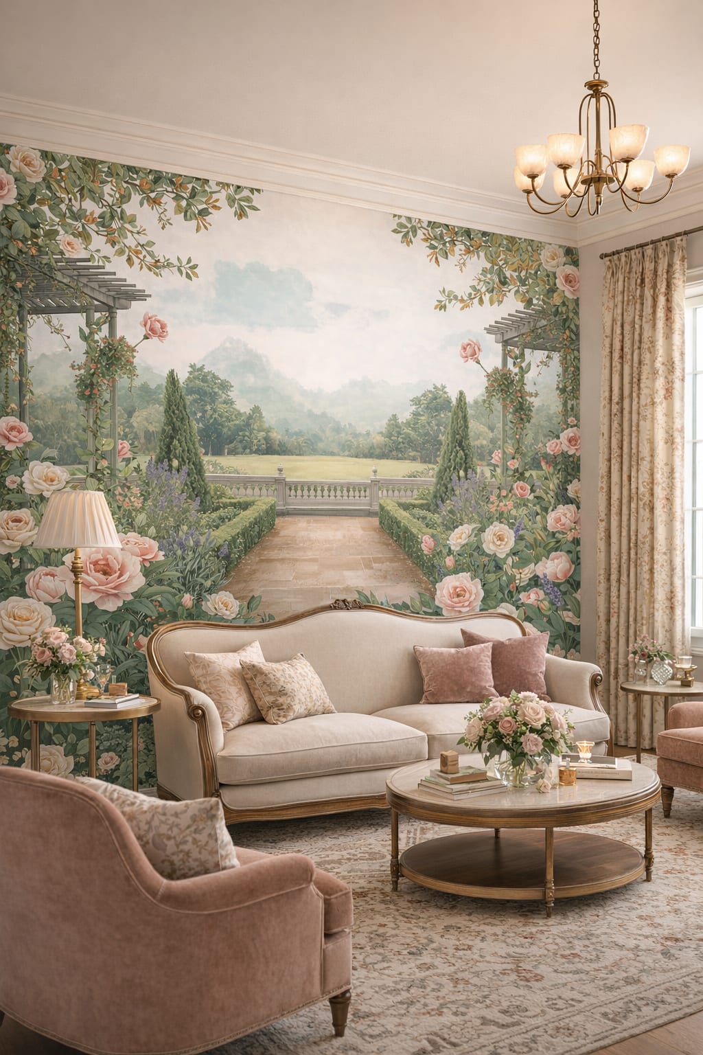 Art Nouveau cream-green roses featuring pergola - Wall Mural Peel and Stick Wallpaper for Art Nouveau Living Room.