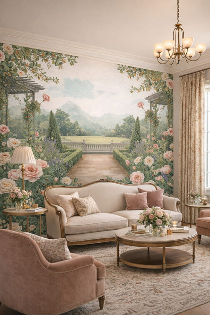 Art Nouveau cream-green roses featuring pergola - Wall Mural Peel and Stick Wallpaper for Art Nouveau Living Room.