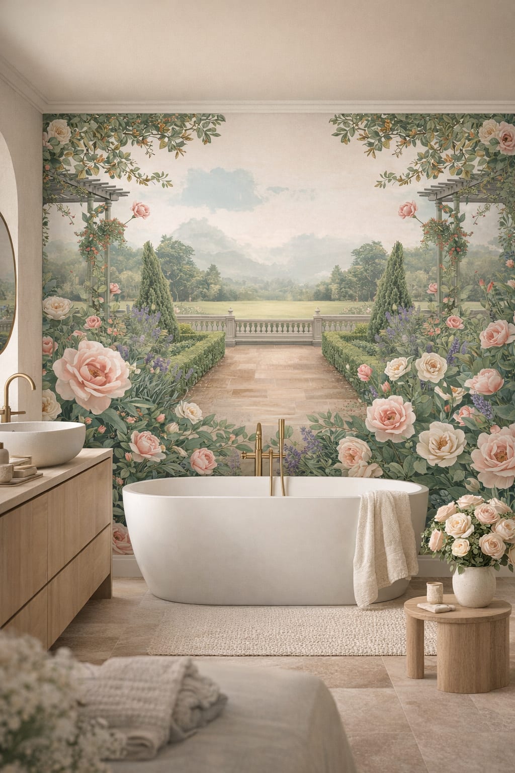 Sand Organic Modern roses featuring pergola - Wall Mural Peel and Stick Wallpaper for Organic Modern Luxury Bathroom.