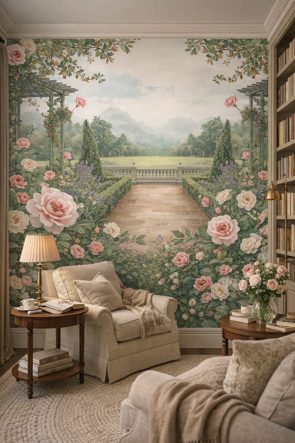 Cottage green cream-toned roses featuring pergola - Wall Mural Peel and Stick Wallpaper for English Cottage Reading Room.