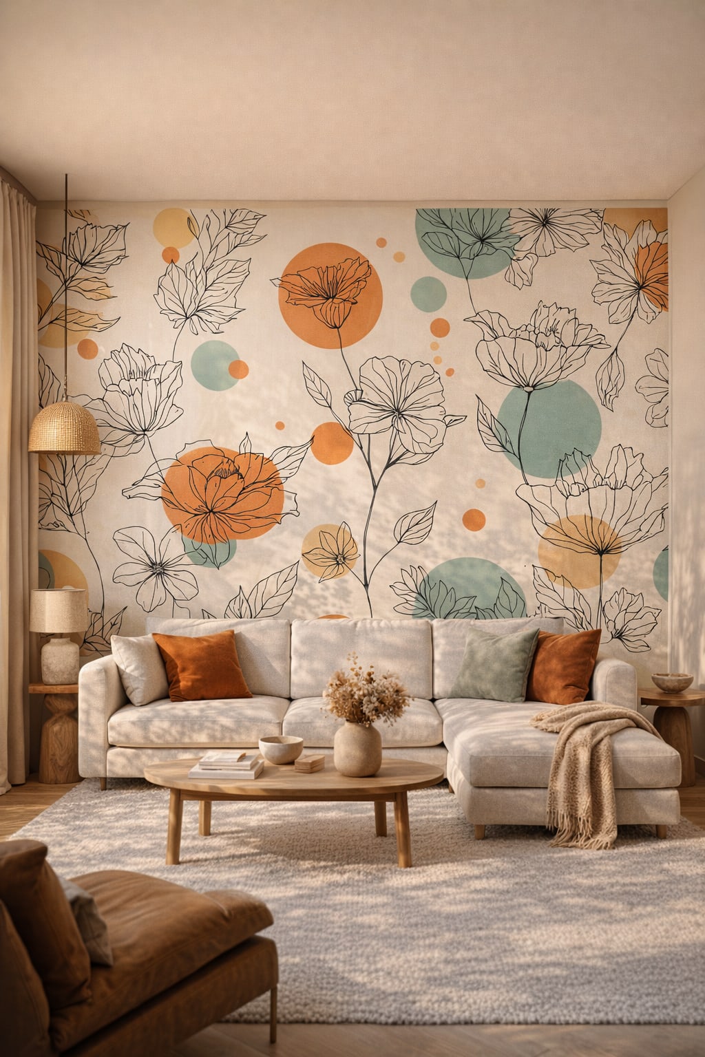 Organic Modern cream - Floral line art with olive circles - Wall Mural Peel and Stick Wallpaper for Organic Modern Living Room.