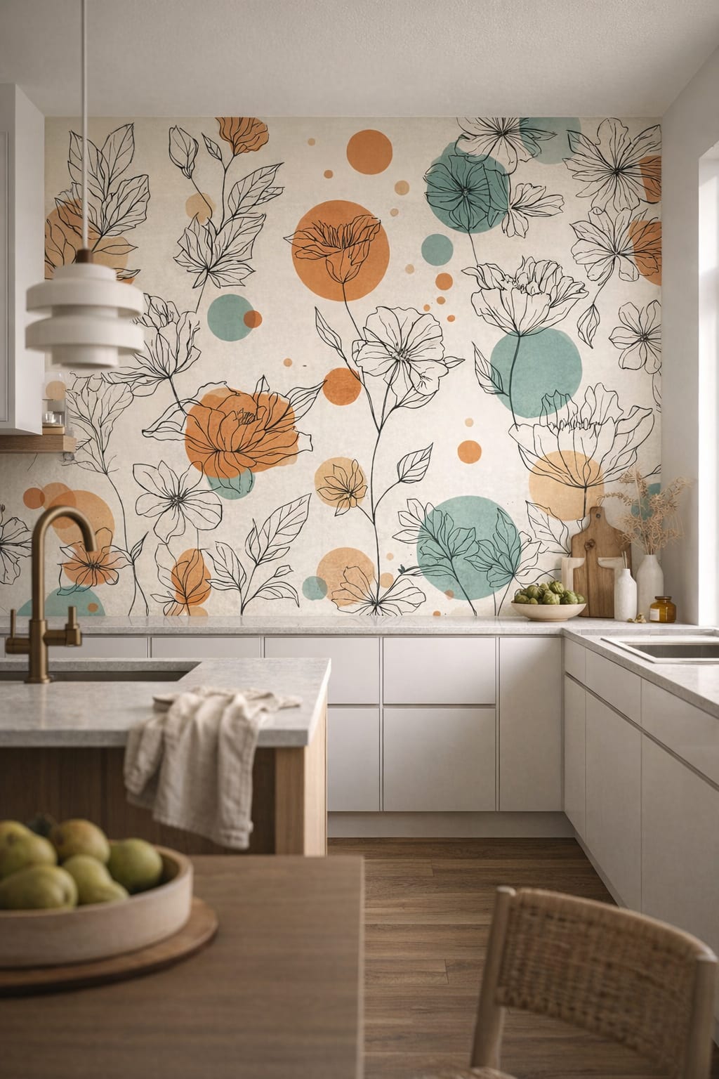 Scandinavian white Floral line art with teal and terracotta dots - Wall Mural Peel and Stick Wallpaper for Scandinavian High-end Kitchen.
