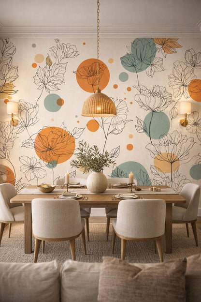 Mediterranean Modern sand-blue - Abstract floral line art with orange and blue circles - Wall Mural Peel and Stick Wallpaper for Mediterranean Modern Formal Dining Room.