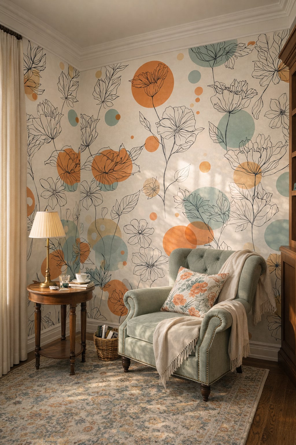 Grandmillennial floral, neutral chic - Line-drawn floral with retro dots - Wall Mural Peel and Stick Wallpaper for Grandmillennial Reading Corner.