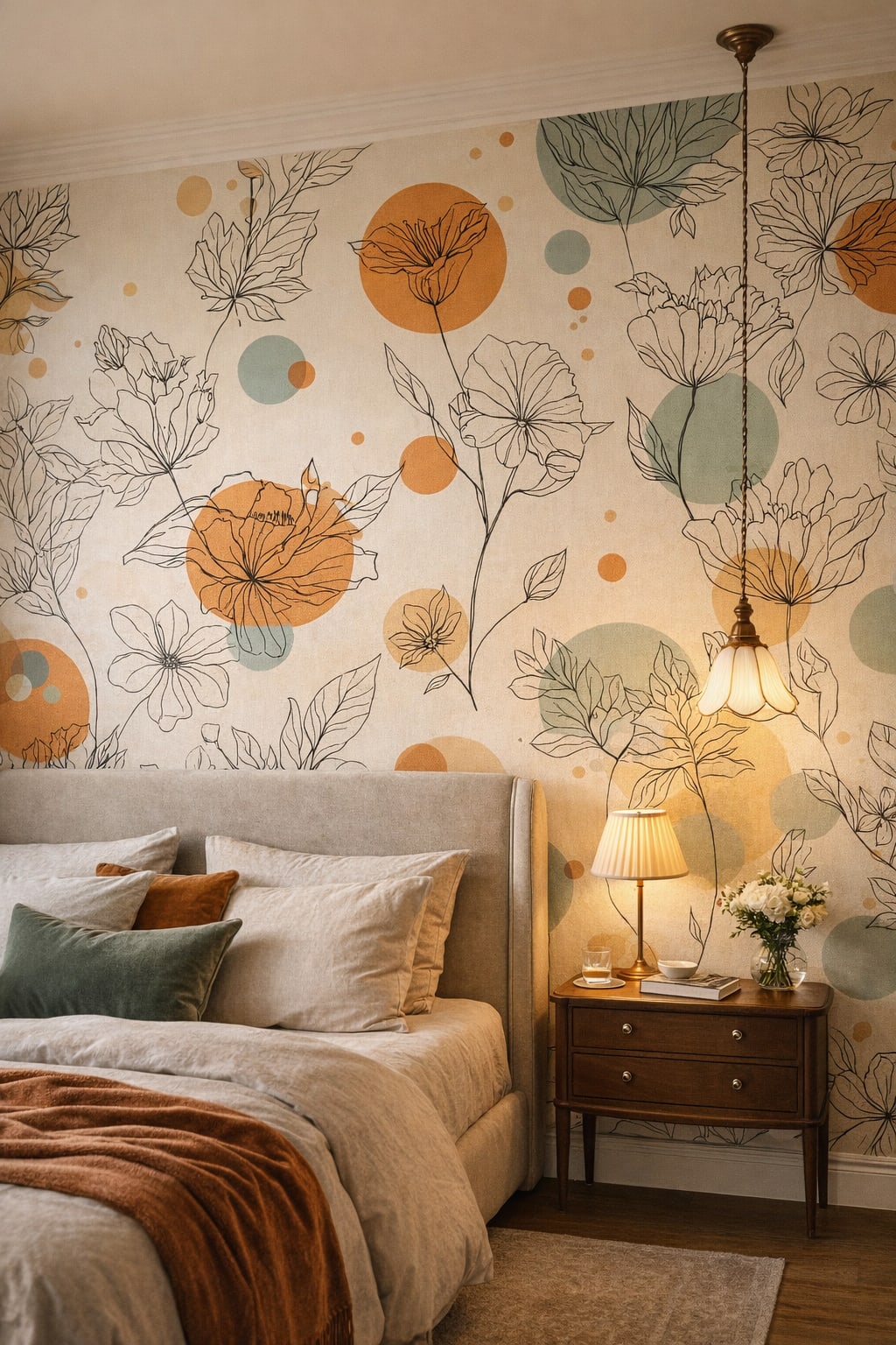 Art Nouveau green-cream - floral line art flowers - Wall Mural Peel and Stick Wallpaper for Art Nouveau Master Bedroom.