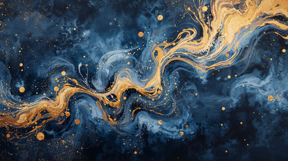 Luxurious fluid Navy abstract ink flow featuring gold splatter and navy smoke - Wall Mural & Peel and Stick Wallpaper for Abstract Interiors and Premium Home Styling.