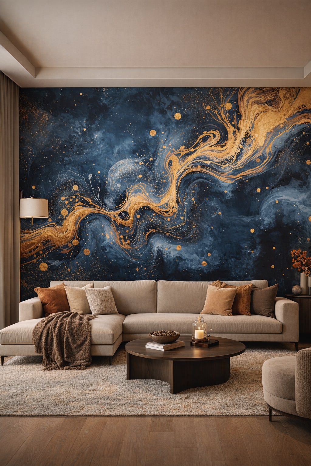 Luxury Contemporary, gold-accented abstract ink flow featuring gold splatter - Wall Mural Peel and Stick Wallpaper for Luxury Contemporary Living Room.