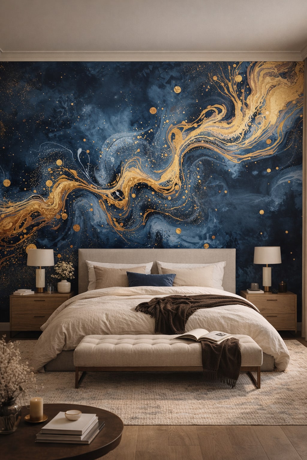 Greige luxe, ink navy - abstract ink flow featuring gold splatter - Wall Mural Peel and Stick Wallpaper for Quiet Luxury Master Bedroom.