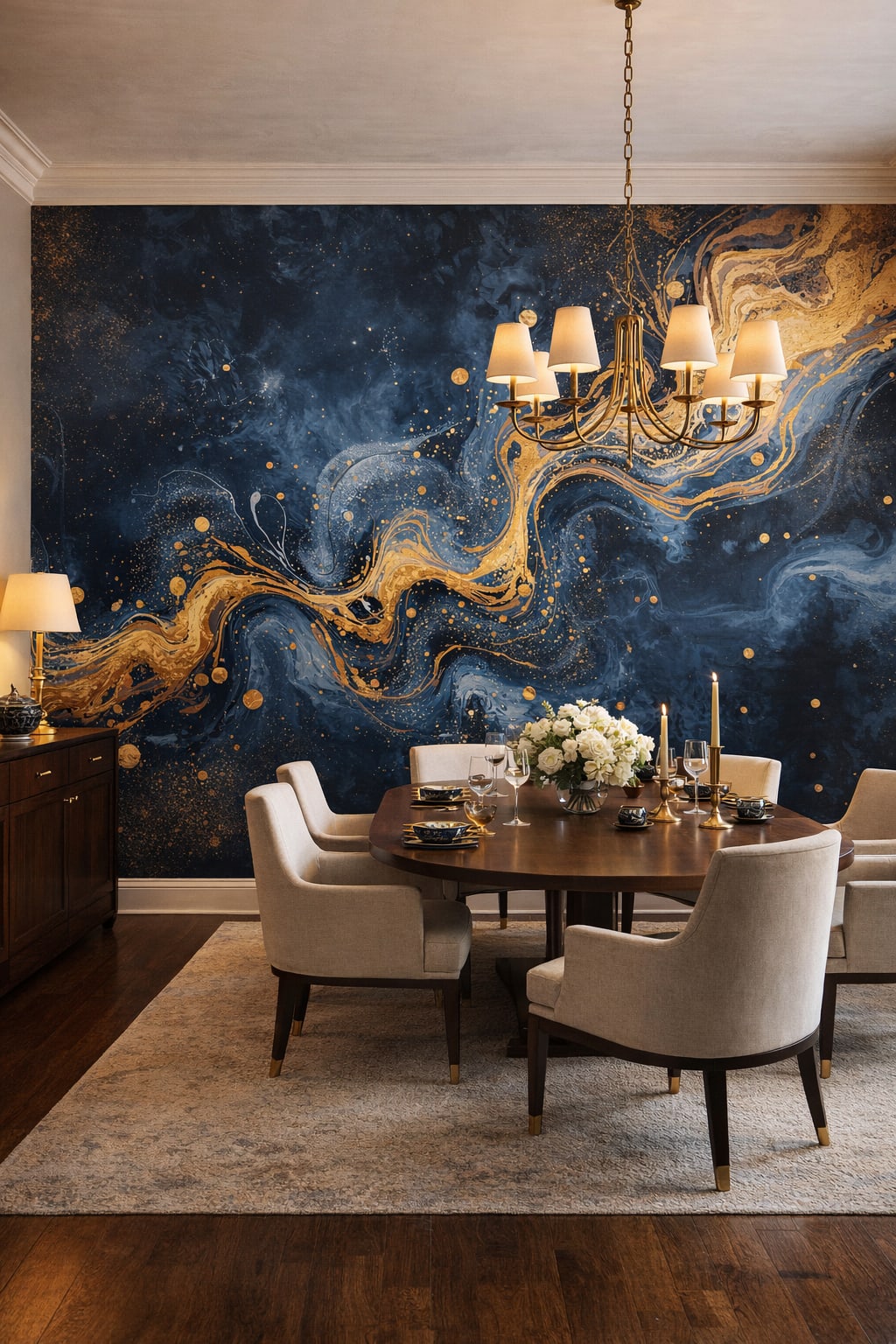 Modern Classic deep navy abstract ink flow featuring gold splatter - Wall Mural Peel and Stick Wallpaper for Modern Classic Formal Dining Room.