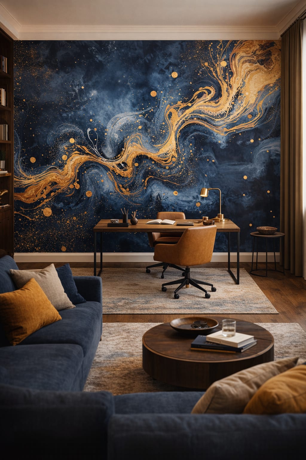 International Style ink-navy abstract ink flow featuring gold splatter - Wall Mural Peel and Stick Wallpaper for International Style Executive Home Office.