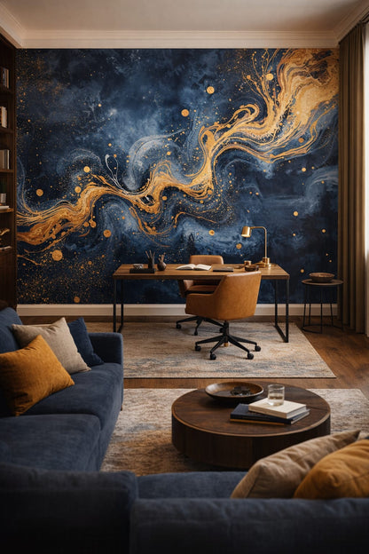 International Style ink-navy abstract ink flow featuring gold splatter - Wall Mural Peel and Stick Wallpaper for International Style Executive Home Office.