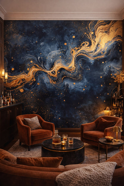 Art Deco navy-gold abstract ink flow featuring gold splatter - Wall Mural Peel and Stick Wallpaper for Art Deco Bar/Lounge.