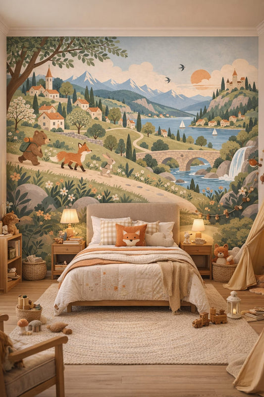 Moss green, brown bear featuring fox - Wall Mural Peel and Stick Wallpaper for Woodland / Forest Kids Bedroom.