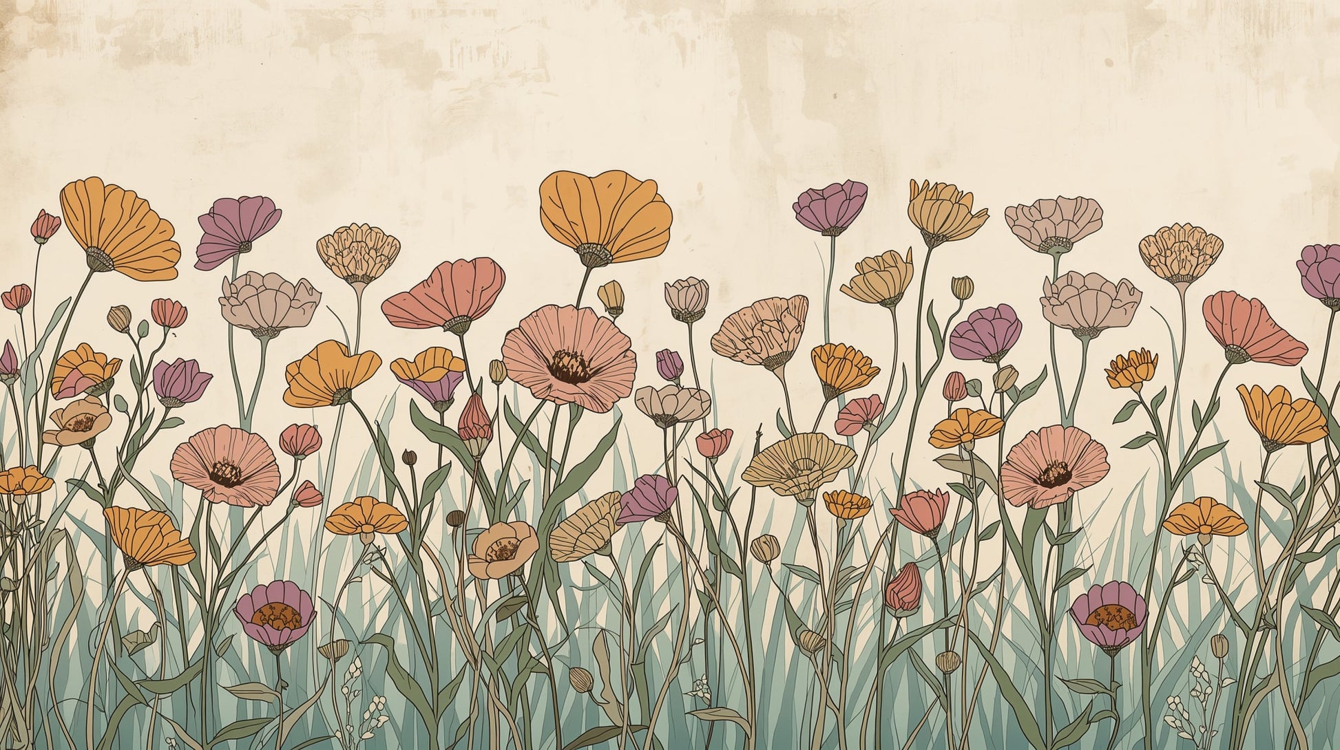 Airy Illustrated Cream wildflowers featuring meadow grass - Wall Mural & Peel and Stick Wallpaper for Illustrated Interiors and Premium Home Styling