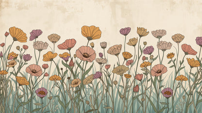 Airy Illustrated Cream wildflowers featuring meadow grass - Wall Mural & Peel and Stick Wallpaper for Illustrated Interiors and Premium Home Styling