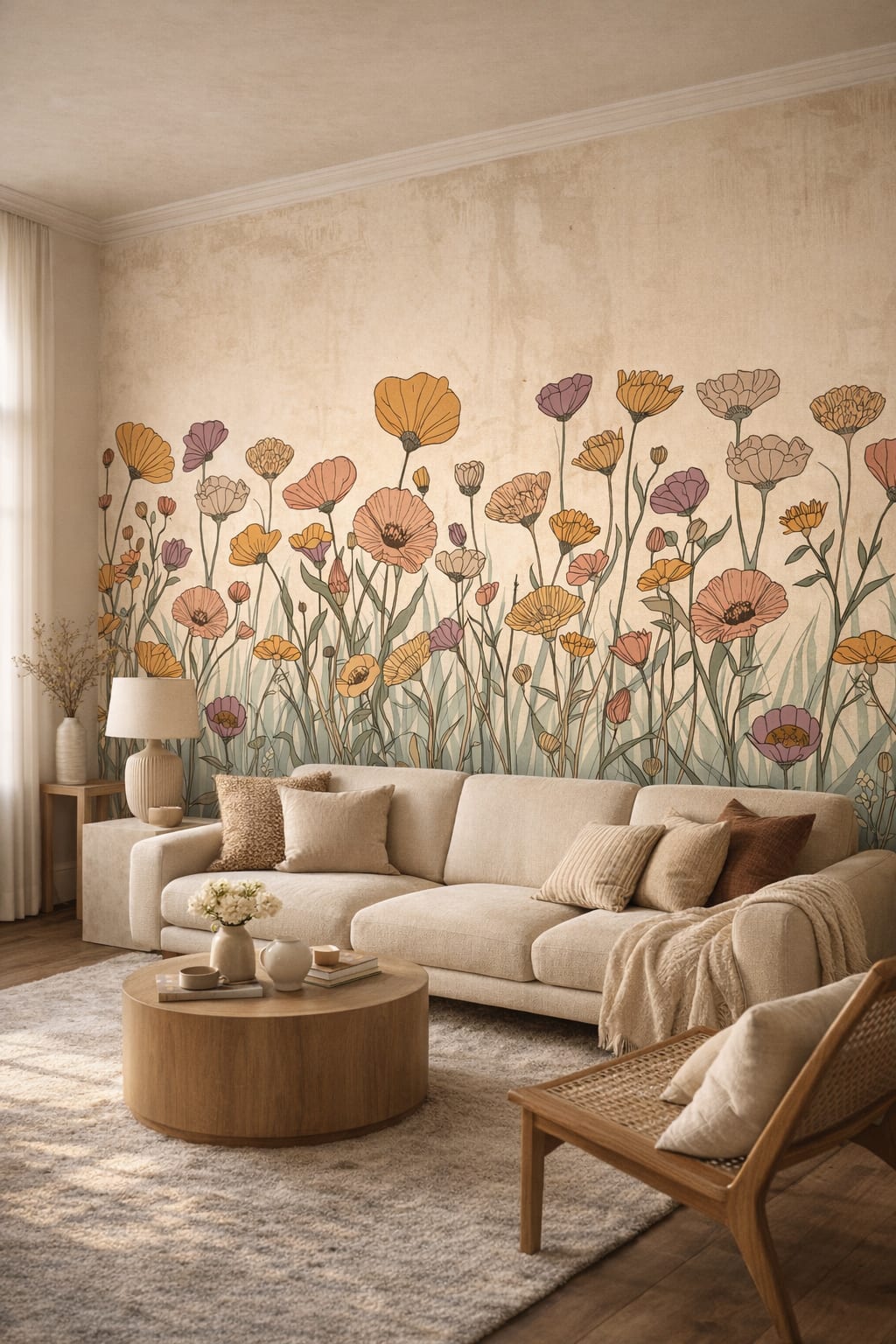 Organic Modern sand-toned wildflowers featuring meadow grass - Wall Mural Peel and Stick Wallpaper for Organic Modern Living Room.