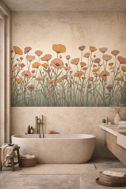 Wabi-sabi earth-toned wildflowers featuring meadow grass - Wall Mural Peel and Stick Wallpaper for Wabi-sabi Luxury Bathroom.