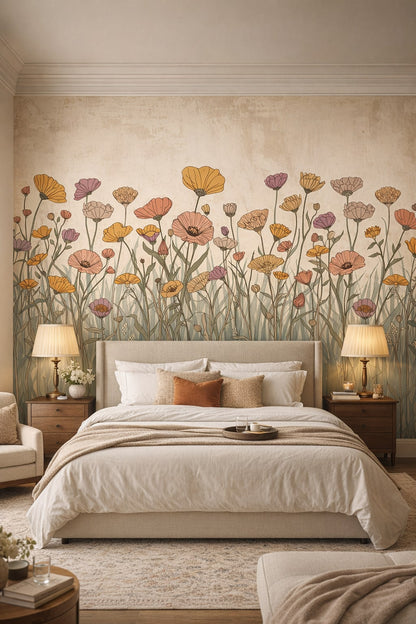Modern Classic cream-toned wildflowers featuring meadow grass - Wall Mural Peel and Stick Wallpaper for Modern Classic Master Bedroom.