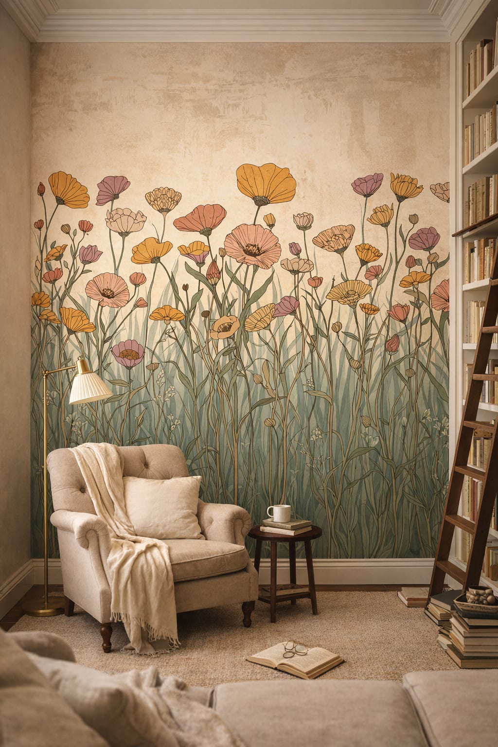 Scholarly cream wildflowers featuring meadow grass - Wall Mural Peel and Stick Wallpaper for Light Academia Home Library.