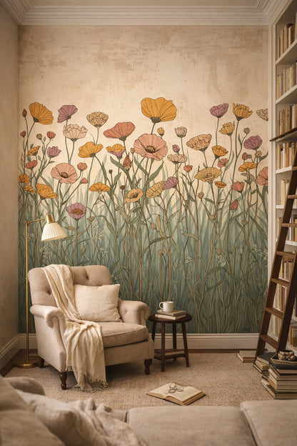 Scholarly cream wildflowers featuring meadow grass - Wall Mural Peel and Stick Wallpaper for Light Academia Home Library.