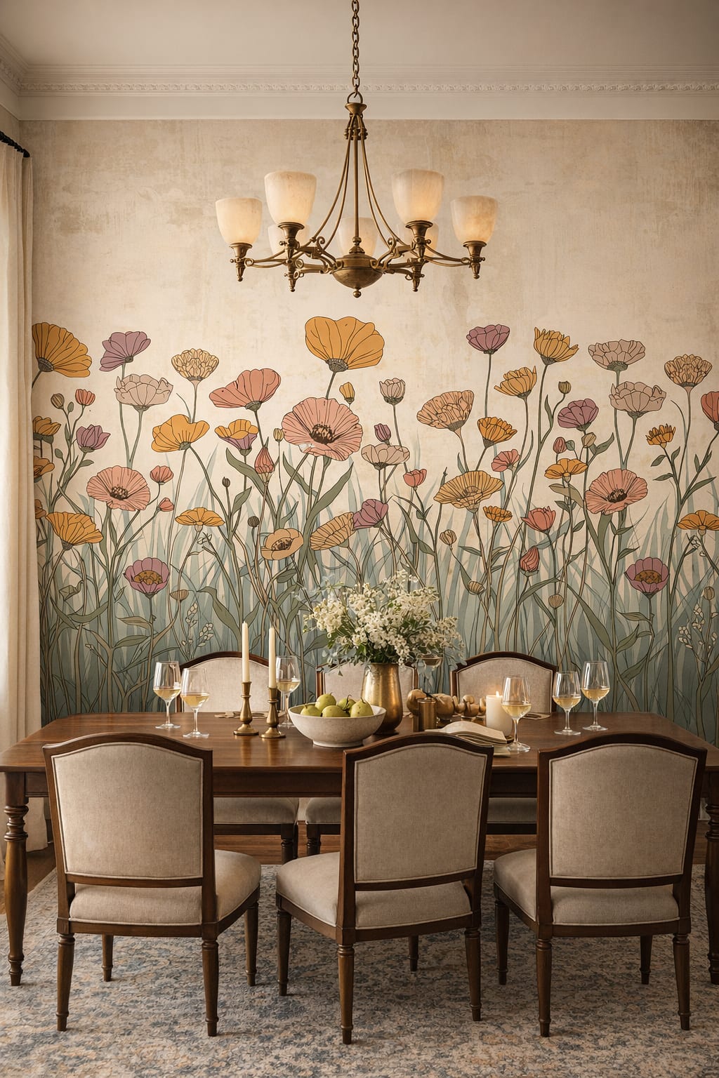Art Nouveau cream-and-green wildflowers featuring meadow grass - Wall Mural Peel and Stick Wallpaper for Art Nouveau Formal Dining Room.