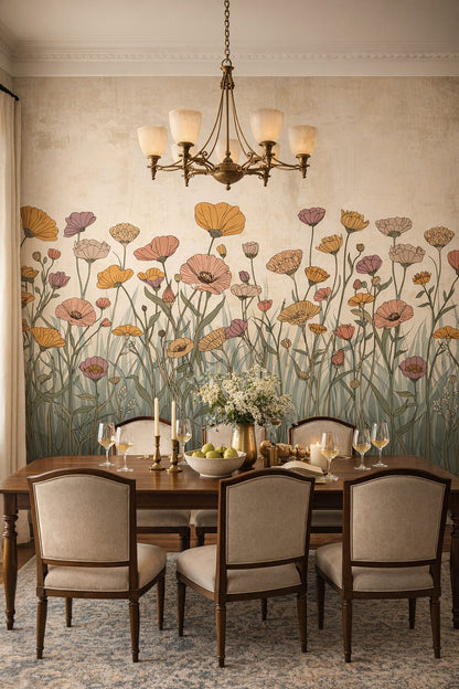 Art Nouveau cream-and-green wildflowers featuring meadow grass - Wall Mural Peel and Stick Wallpaper for Art Nouveau Formal Dining Room.