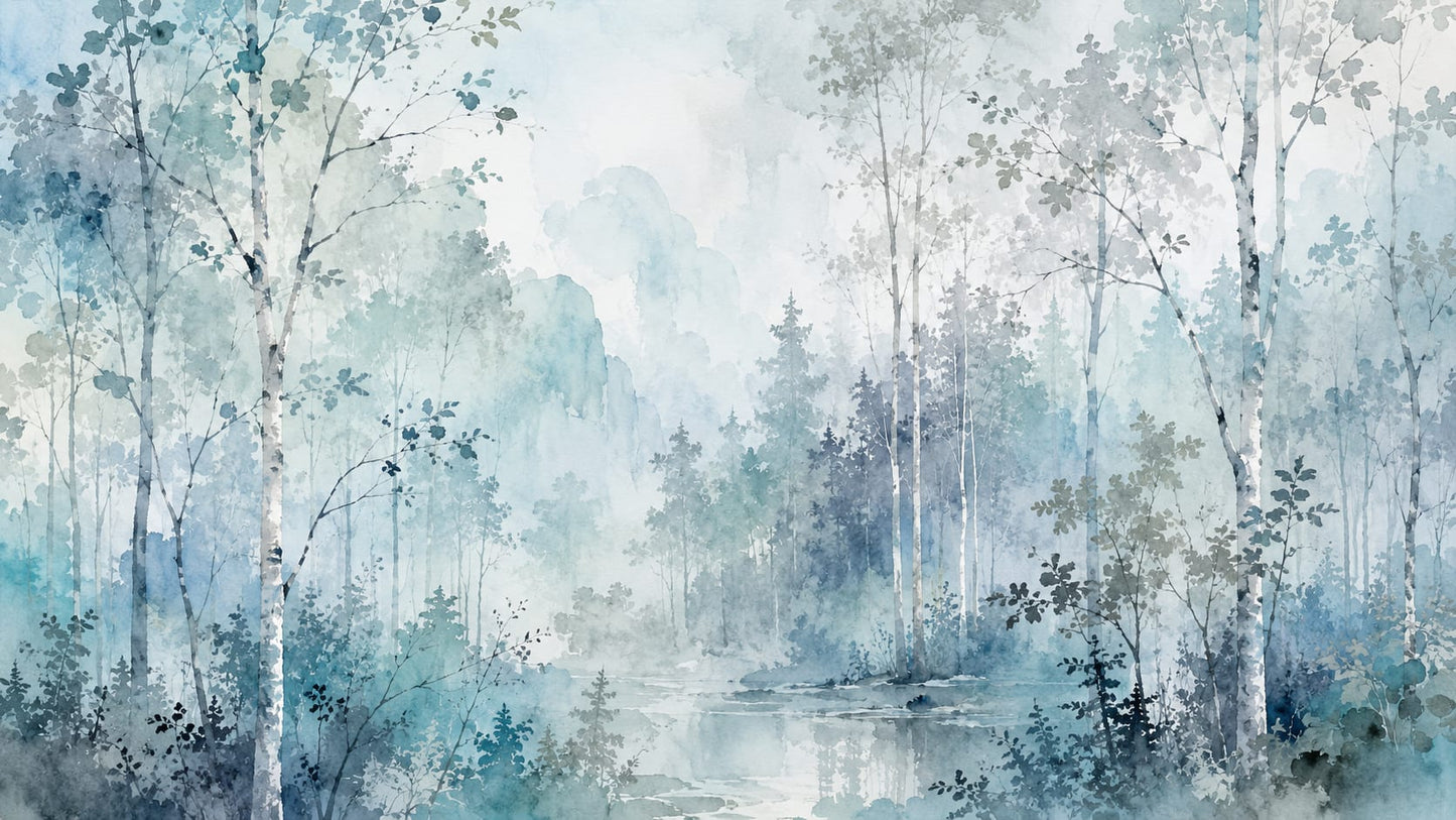 Ethereal watercolor Misty Blue misty forest featuring woodland pond - Wall Mural & Peel and Stick Wallpaper for Watercolor Interiors and Premium Home Styling