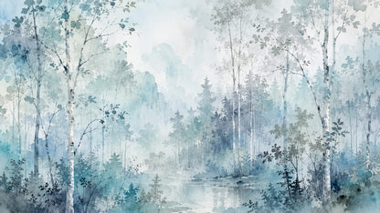 Ethereal watercolor Misty Blue misty forest featuring woodland pond - Wall Mural & Peel and Stick Wallpaper for Watercolor Interiors and Premium Home Styling