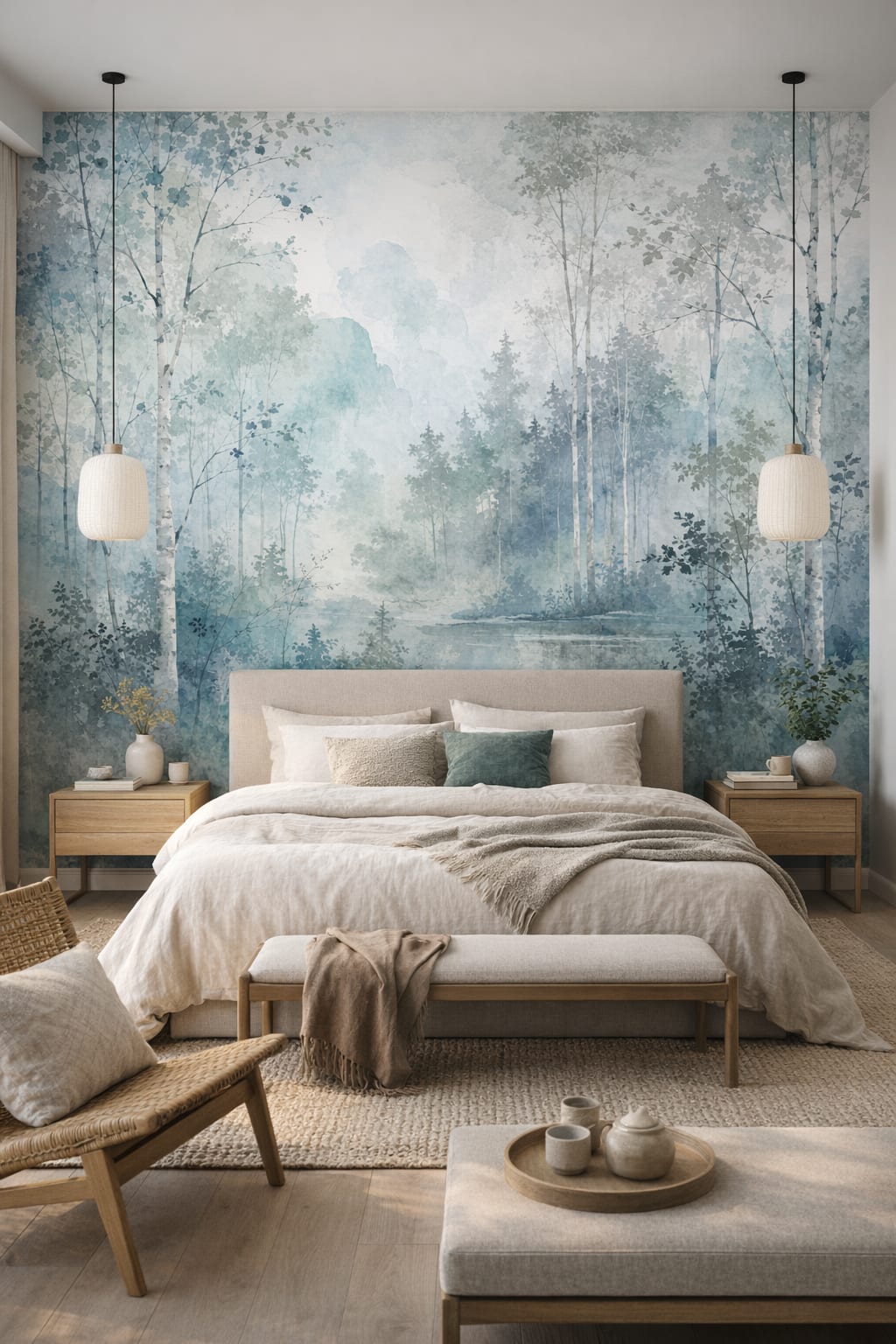 Japandi off-white misty forest featuring woodland pond - Wall Mural Peel and Stick Wallpaper for Japandi Master Bedroom.
