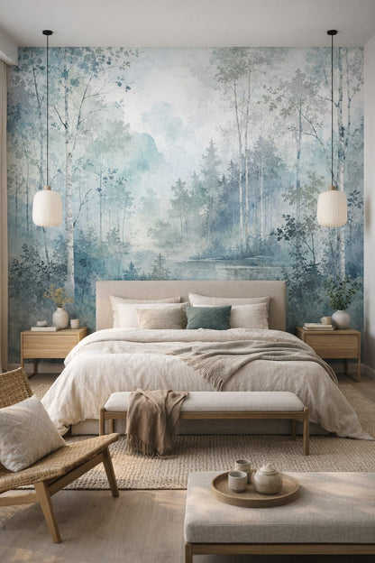 Japandi off-white misty forest featuring woodland pond - Wall Mural Peel and Stick Wallpaper for Japandi Master Bedroom.