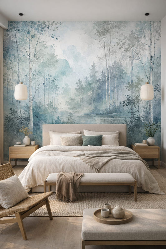 Japandi off-white misty forest featuring woodland pond - Wall Mural Peel and Stick Wallpaper for Japandi Master Bedroom.