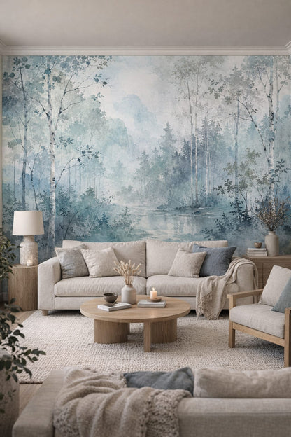 Organic Modern cream misty forest featuring woodland pond - Wall Mural Peel and Stick Wallpaper for Organic Modern Living Room.