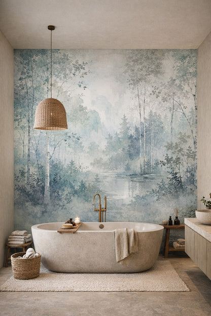 Muted-earth Wabi-sabi misty forest featuring woodland pond - Wall Mural Peel and Stick Wallpaper for Wabi-sabi Luxury Bathroom.