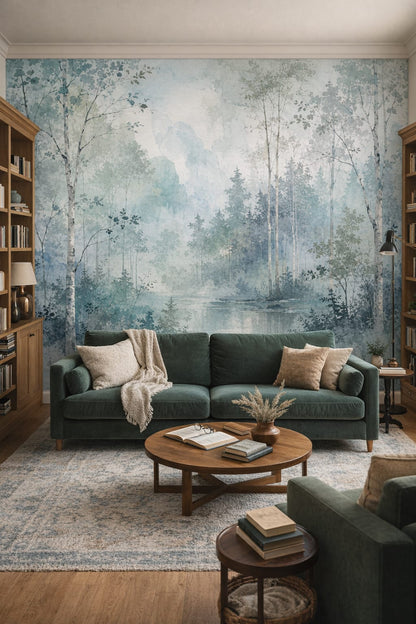 Biophilic green misty forest featuring woodland pond - Wall Mural Peel and Stick Wallpaper for Biophilic Design Home Library.
