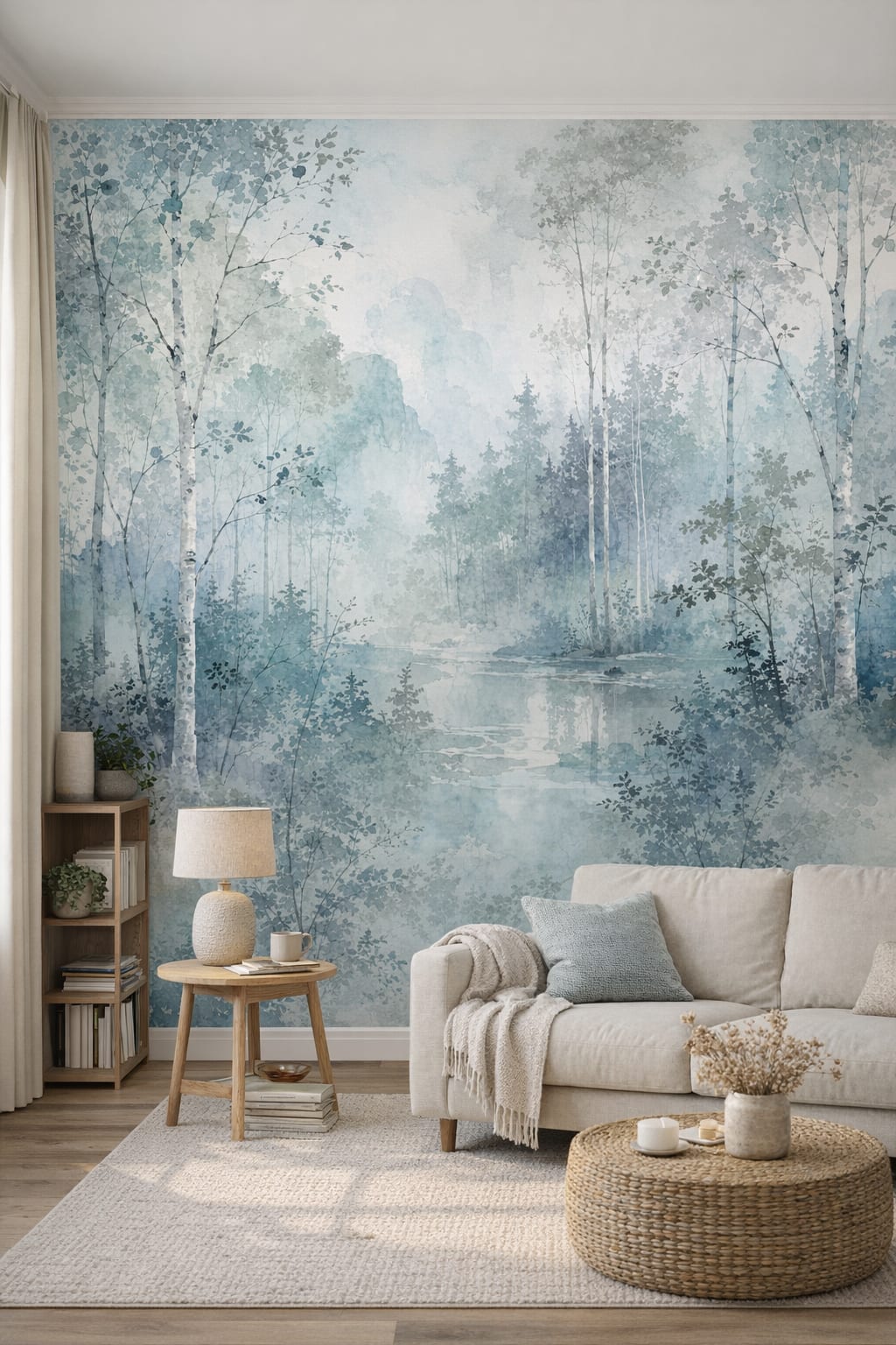 Scandinavian white-gray misty forest featuring woodland pond - Wall Mural Peel and Stick Wallpaper for Scandinavian Reading Corner.