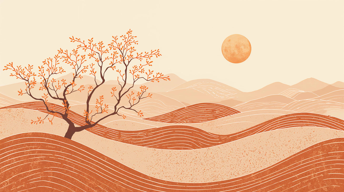 Calm sun-washed Sand Beige desert landscape featuring solitary tree, sun, and sand dunes - Wall Mural & Peel and Stick Wallpaper for Interiors and Premium Home Styling.