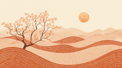Calm sun-washed Sand Beige desert landscape featuring solitary tree, sun, and sand dunes - Wall Mural & Peel and Stick Wallpaper for Interiors and Premium Home Styling.