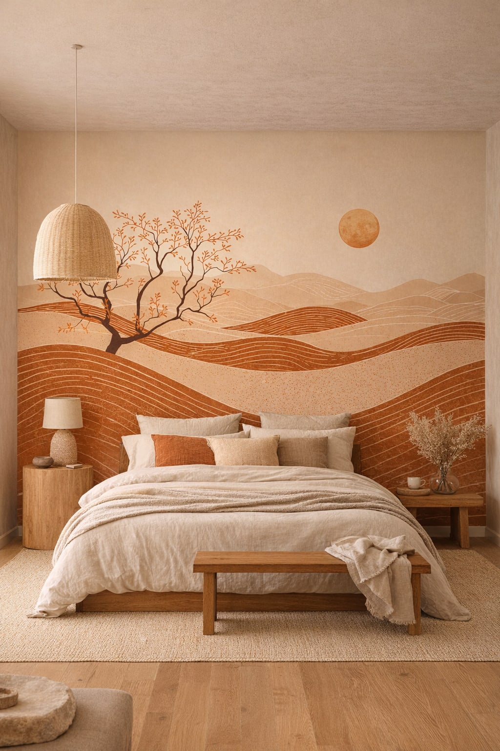 Wabi-sabi earthy-toned desert landscape featuring sun - Wall Mural Peel and Stick Wallpaper for Wabi-sabi Master Bedroom.