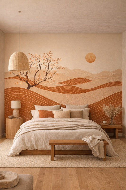 Wabi-sabi earthy-toned desert landscape featuring sun - Wall Mural Peel and Stick Wallpaper for Wabi-sabi Master Bedroom.