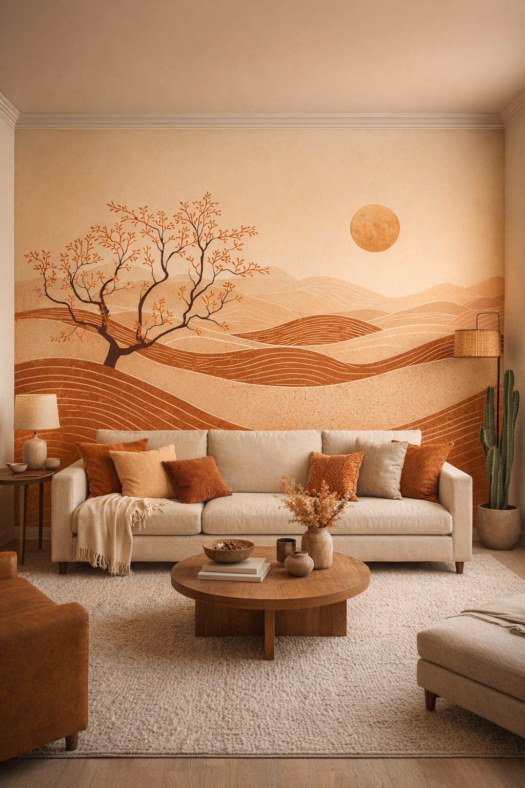 Warm cream Desert Modern desert landscape featuring sun - Wall Mural Peel and Stick Wallpaper for Desert Modern Living Room.