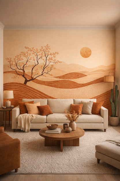 Warm cream Desert Modern desert landscape featuring sun - Wall Mural Peel and Stick Wallpaper for Desert Modern Living Room.