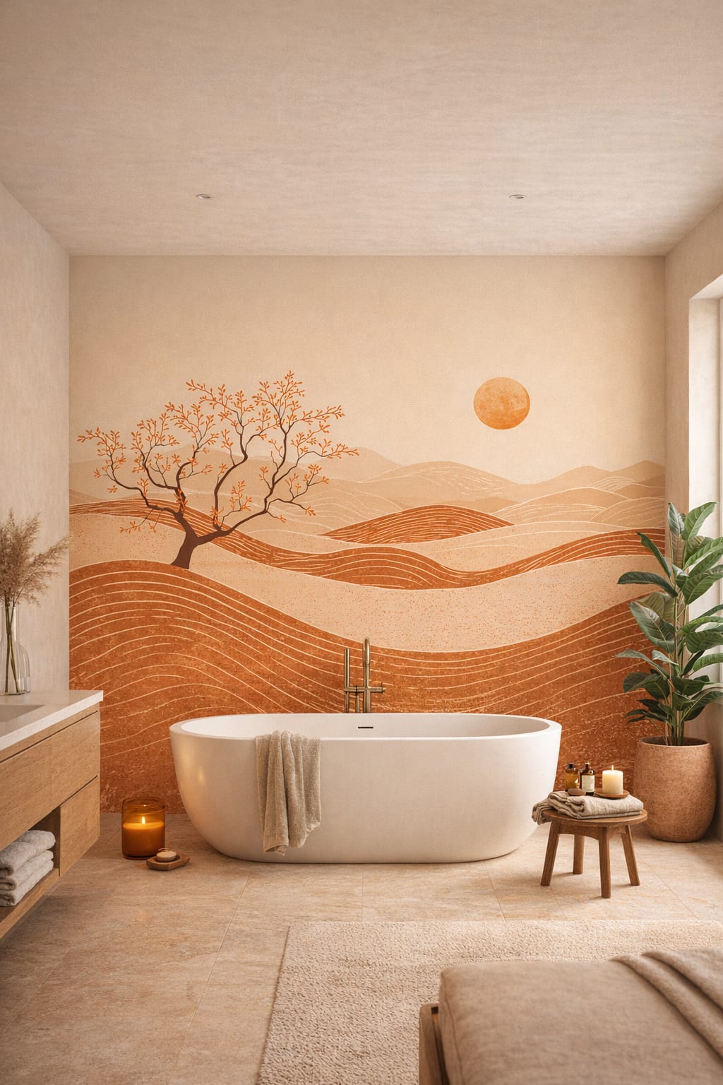 Cream sand desert landscape featuring sun - Wall Mural Peel and Stick Wallpaper for Organic Modern Luxury Bathroom.