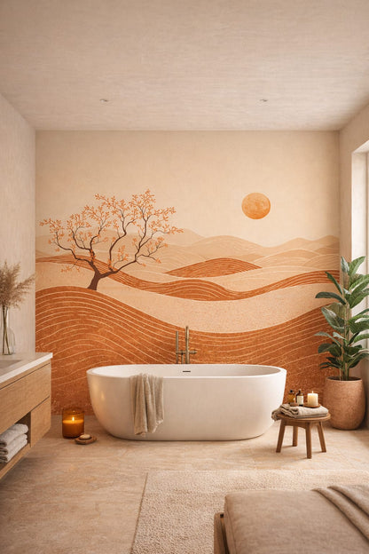 Cream sand desert landscape featuring sun - Wall Mural Peel and Stick Wallpaper for Organic Modern Luxury Bathroom.