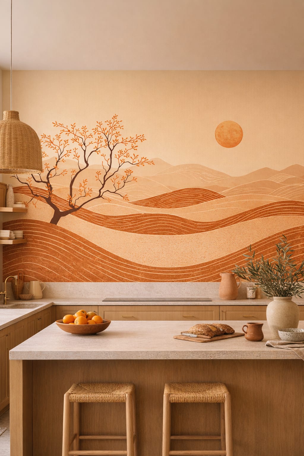 Mediterranean Modern sand-tone desert landscape featuring sun - Wall Mural Peel and Stick Wallpaper for Mediterranean Modern High-end Kitchen.