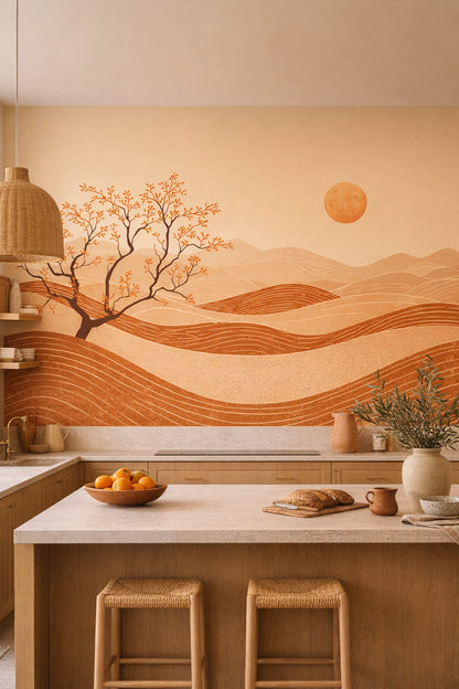 Mediterranean Modern sand-tone desert landscape featuring sun - Wall Mural Peel and Stick Wallpaper for Mediterranean Modern High-end Kitchen.