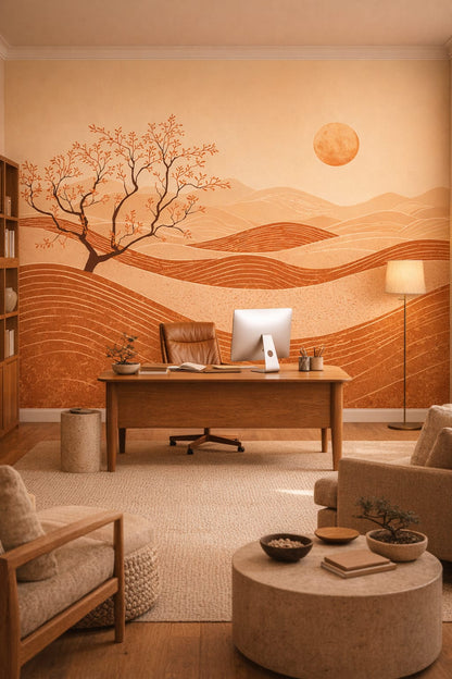 Zen warm-beige desert landscape featuring sun - Wall Mural Peel and Stick Wallpaper for Zen Executive Home Office.