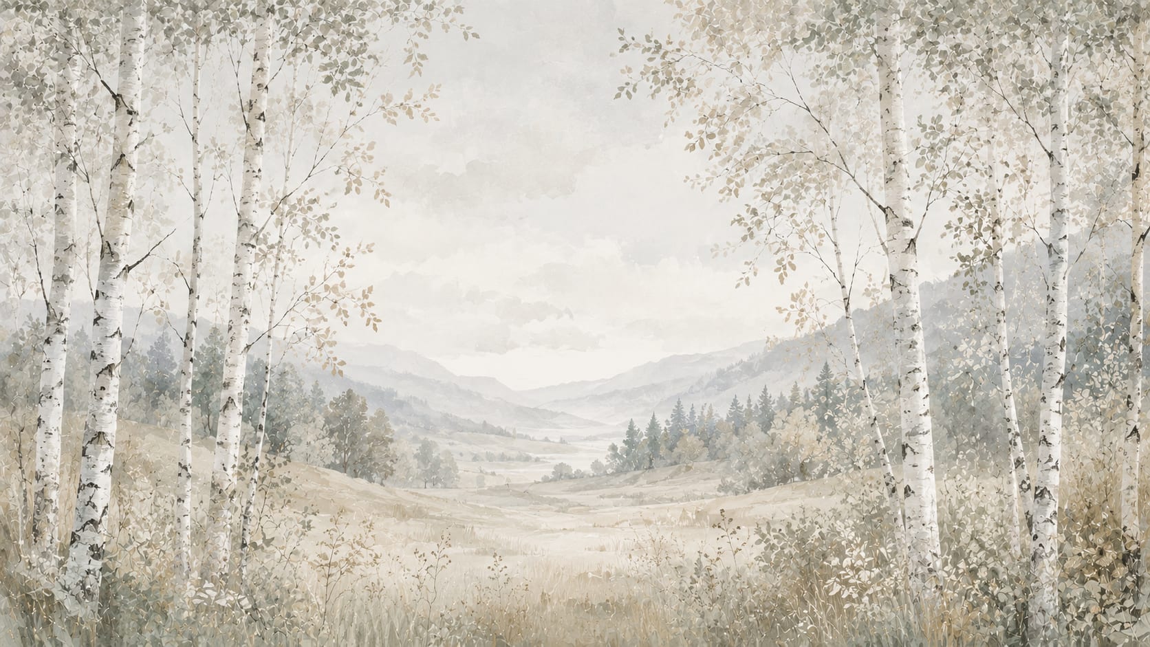 Airy Painterly Cream Birch Forest featuring Mountain Landscape - Wall Mural & Peel and Stick Wallpaper for Watercolor Interiors and Premium Home Styling