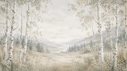 Airy Painterly Cream Birch Forest featuring Mountain Landscape - Wall Mural & Peel and Stick Wallpaper for Watercolor Interiors and Premium Home Styling