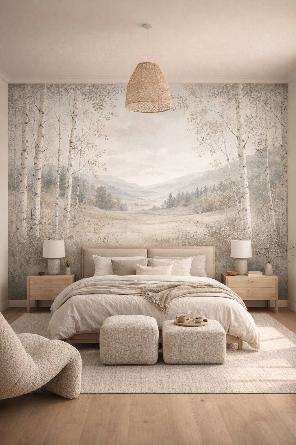 Japandi sand birch forest featuring mountain landscape - Wall Mural Peel and Stick Wallpaper for Japandi Master Bedroom.